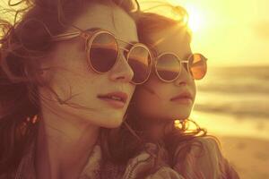 ai generato madre e figlia godendo tramonto a spiaggia con ai generato. foto