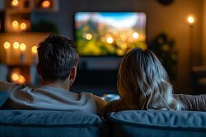 ai generato indietro Visualizza di coppia Guardando film su divano nel vivente camera a notte. foto