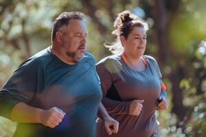 ai generato attivo sovrappeso coppia jogging nel parco con ai generato. foto