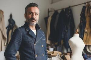 ai generato moda progettista nel creativo studio spazio di lavoro. foto