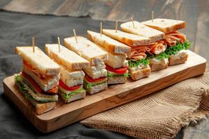 ai generato assortito gastronomia panini su di legno tavola. foto