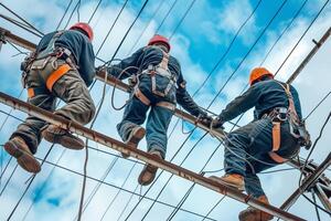 ai generato costruzione lavoratori arrampicata a costruzione luogo con ai generato. foto