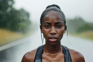 ai generato vicino su ritratto di un' giovane africano americano donna sotto pioggia. foto