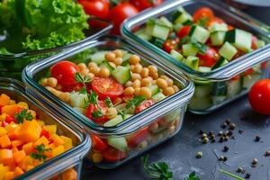 ai generato salutare cibo consegna concetto. verdura insalate nel plastica contenitori. foto