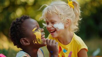 ai generato Due contento bambini con colorato viso dipingere condivisione un' gioioso momento all'aperto. foto