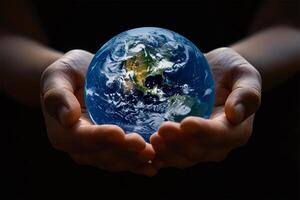 ai generato pianeta terra nel umano mani.mani culla un' raggiante globo, simboleggiante cura e responsabilità per il terra. foto