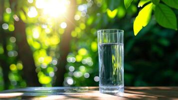 ai generato un' alto bicchiere di chiaro acqua impostato su un all'aperto di legno table.concept di siccità e mancanza di pulito potabile acqua.generata Immagine foto