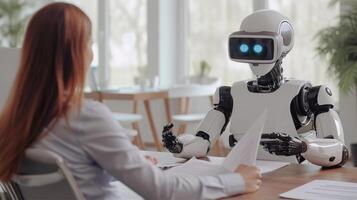 ai generato ai e umano collaborazione a lavoro.futuristico robot Tenere documenti, conversando con un' donna d'affari foto