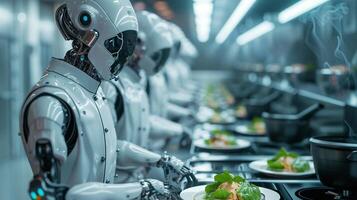 ai generato robot chef nel azione nel High Tech buongustaio cucina. linea di robot chef è mostrato sapientemente preparazione buongustaio pasti nel High Tech commerciale cucina foto