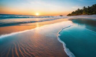 ai generato avvicinamento mare sabbia spiaggia. panoramico spiaggia paesaggio. ispirare tropicale spiaggia paesaggio marino orizzonte foto