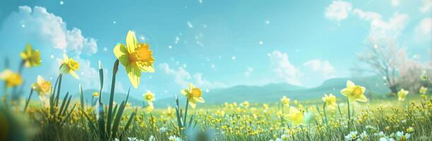 ai generato un' primavera campo con giallo narcisi, un' blu cielo e sole foto