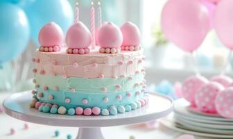 ai generato un' colorato compleanno torta con palloncini è nel il sfondo foto