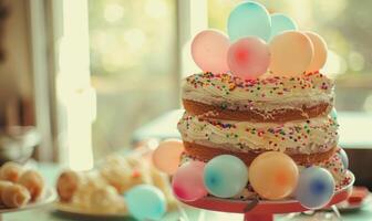 ai generato un' tre strato compleanno torta con palloncini su il superiore foto