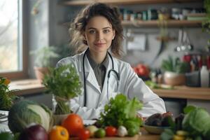 ai generato femmina medico a un' scrivania con verdure e frutta foto