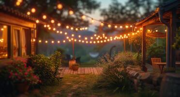 ai generato un' giardino cortile illuminato su di corda luci durante crepuscolo foto