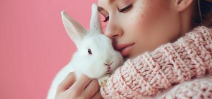 ai generato un' donna Tenere un' coniglietto coniglio su rosa sfondo foto