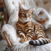 ai generato un' Grasso macchiato Bengala gatto si siede su un' bianca soffice sedia e sembra a il telecamera foto