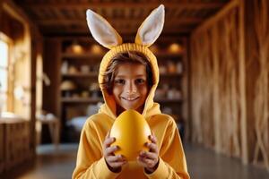 ai generato un' giovane ragazzo è Tenere un Pasqua uovo mentre indossare coniglietto orecchie foto