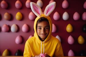 ai generato un' giovane ragazzo è Tenere un Pasqua uovo mentre indossare coniglietto orecchie foto