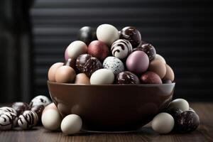 ai generato cioccolato caramelle e Pasqua uovo nel un' ciotola foto