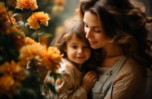 ai generato madre e figlia abbracciare ogni altro in giro il fiori foto