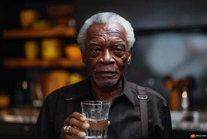 ai generato un' nero anziano uomo Tenere un' bicchiere di acqua nel il suo cucina foto