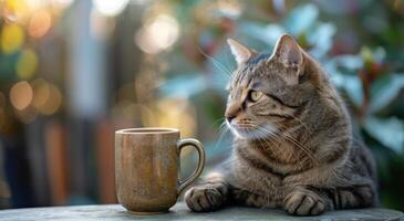 ai generato un' gatto seduta al di fuori guardare al di sopra di un' boccale di caffè foto