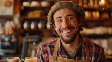 ai generato un' allegro barista, servendo caffè con un' Sorridi, trasuda calore e ospitalità nel il bar ambiente foto