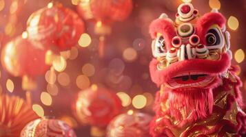 ai generato un' festivo Cinese nuovo anno parata ambientazione, con maestoso draghi, scintillante lanterne foto