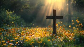 ai generato un' pittoresco Pasqua Alba servizio ambientazione, con un' rustico di legno attraverso, fioritura fiori selvatici foto