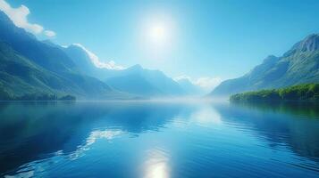 ai generato un' sereno lago riflettendo un' chiaro blu cielo e torreggiante montagne foto
