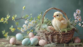 ai generato un' capriccioso Pasqua cestino Schermo, pieno con pastello uova, soffice pulcini foto