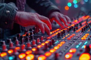 ai generato dj dito, mano e mano Lavorando su fx attrezzatura e controllo foto