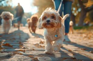 ai generato cani chi siamo a piedi con il di persona mano su guinzagli foto