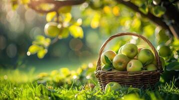 ai generato raccogliere cestino in mezzo Mela frutteto foto