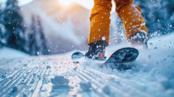 ai generato un' giovane snowboarder cavalcate giù un alpino montagna a alto velocità foto