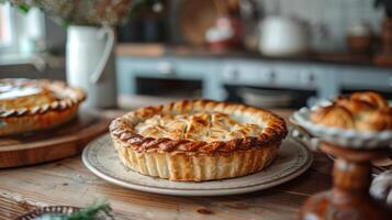 ai generato bellissimo gustoso torte menzogna su un' piatto su un' di legno tavolo nel un' classico rustico cucina foto