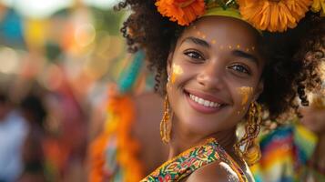 ai generato bellissimo giovane donna a il carnevale nel rio de janeiro con grande copyspace la zona, fuori Centro composizione foto