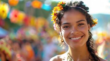 ai generato bellissimo giovane donna a il carnevale nel rio de janeiro con grande copyspace la zona, fuori Centro composizione foto