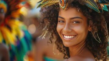 ai generato bellissimo giovane donna a il carnevale nel rio de janeiro con grande copyspace la zona, fuori Centro composizione foto