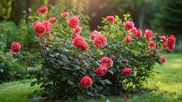 ai generato bellissimo luminosa sfondo di un' estate giardino con un' fioritura rosa cespuglio foto