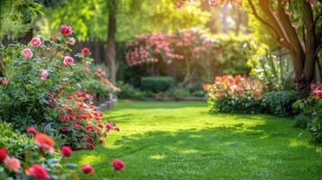 ai generato bellissimo luminosa sfondo di un' estate giardino con un' fioritura rosa cespuglio foto