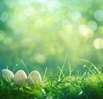 ai generato Pasqua uova nel erba su luce del sole sfondo e astratto bokeh foto