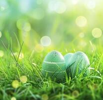 ai generato Pasqua uova nel erba su luce del sole sfondo e astratto bokeh foto