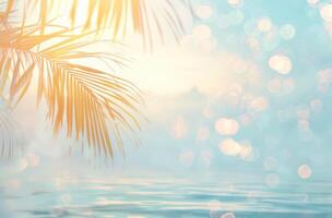 ai generato bianca mare e spiaggia sfondo con palma foglia foto