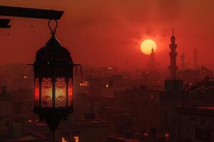 ai generato un' Ramadan lanterna luci su un' paesaggio urbano foto