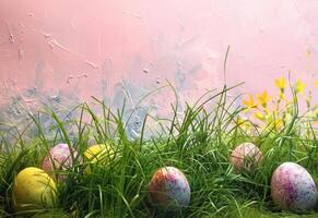 ai generato colorato Pasqua uova nel erba su sfondo foto