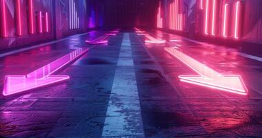 ai generato neon leggero frecce su un' calcestruzzo pavimento con rosa e viola lampade foto