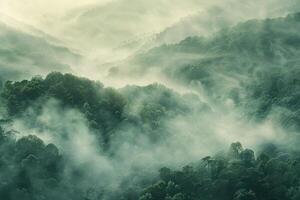 ai generato al di sopra di montagna nebbia foresta e montagna valle a Alba nebbia foto