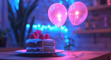 ai generato il torta su un' piatto accanto Due illuminato su palloncini foto